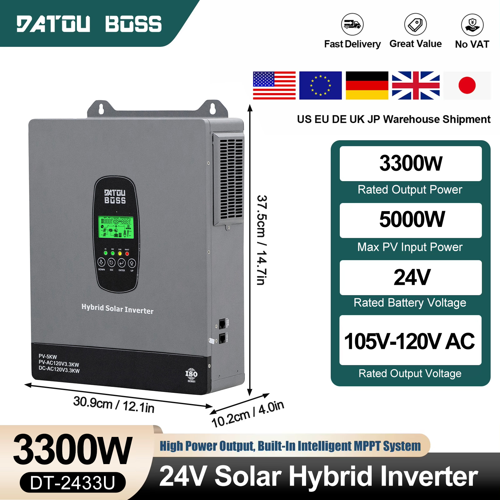 Drone Solar Charger - DATOUBOSS 3300W 24V Solar-Wechselrichter, reine Sinuswelle,